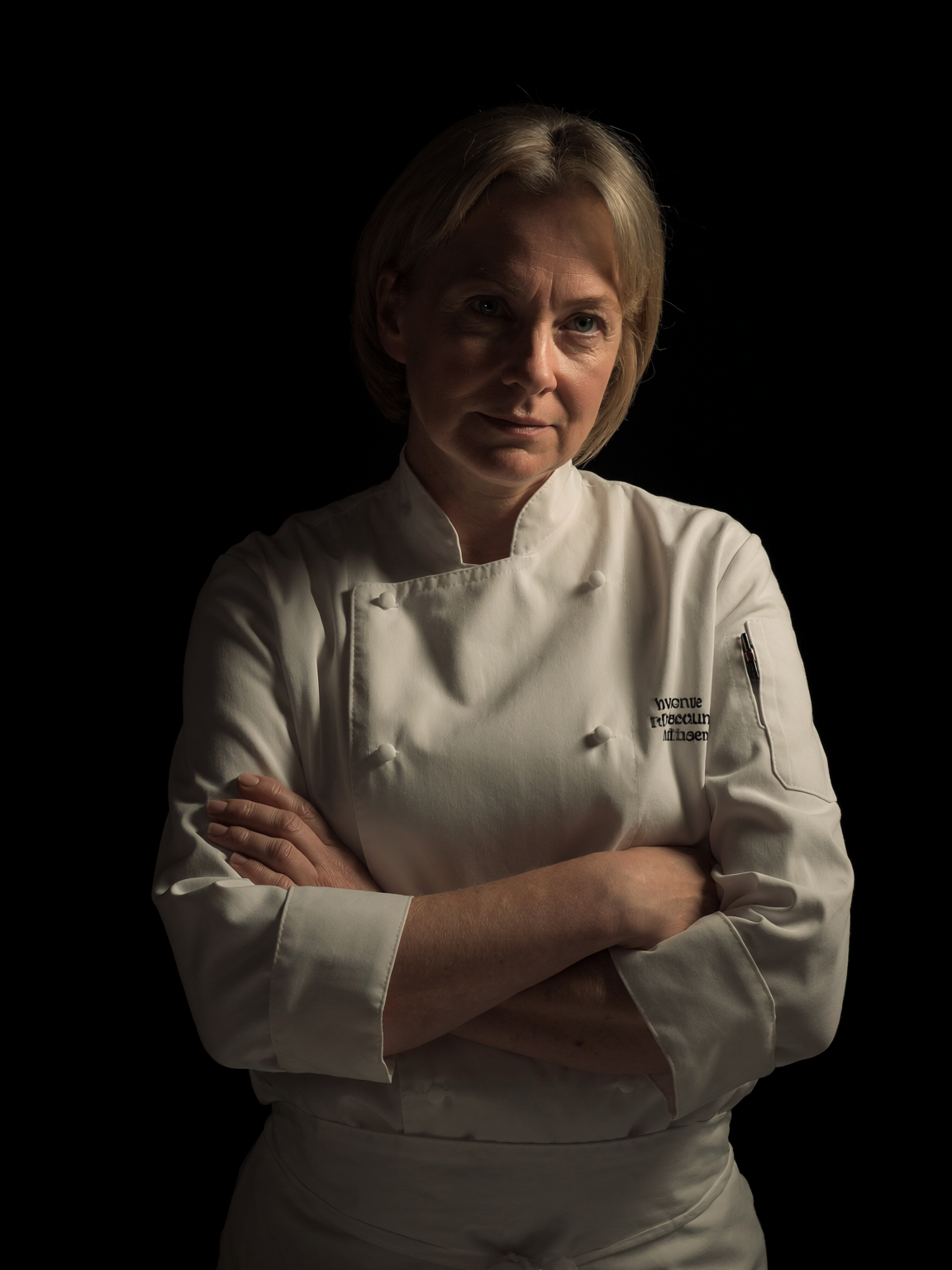 Chef Élise Maren in chef whites, arms crossed, lit against a dark kitchen