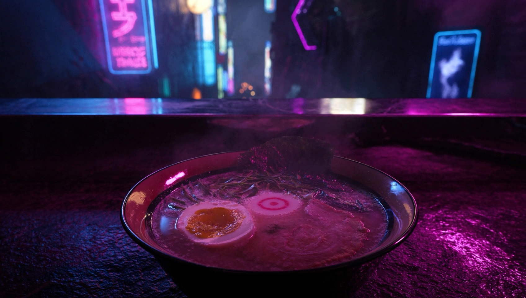 Steaming neon-lit bowl of tonkotsu ramen on a chrome counter