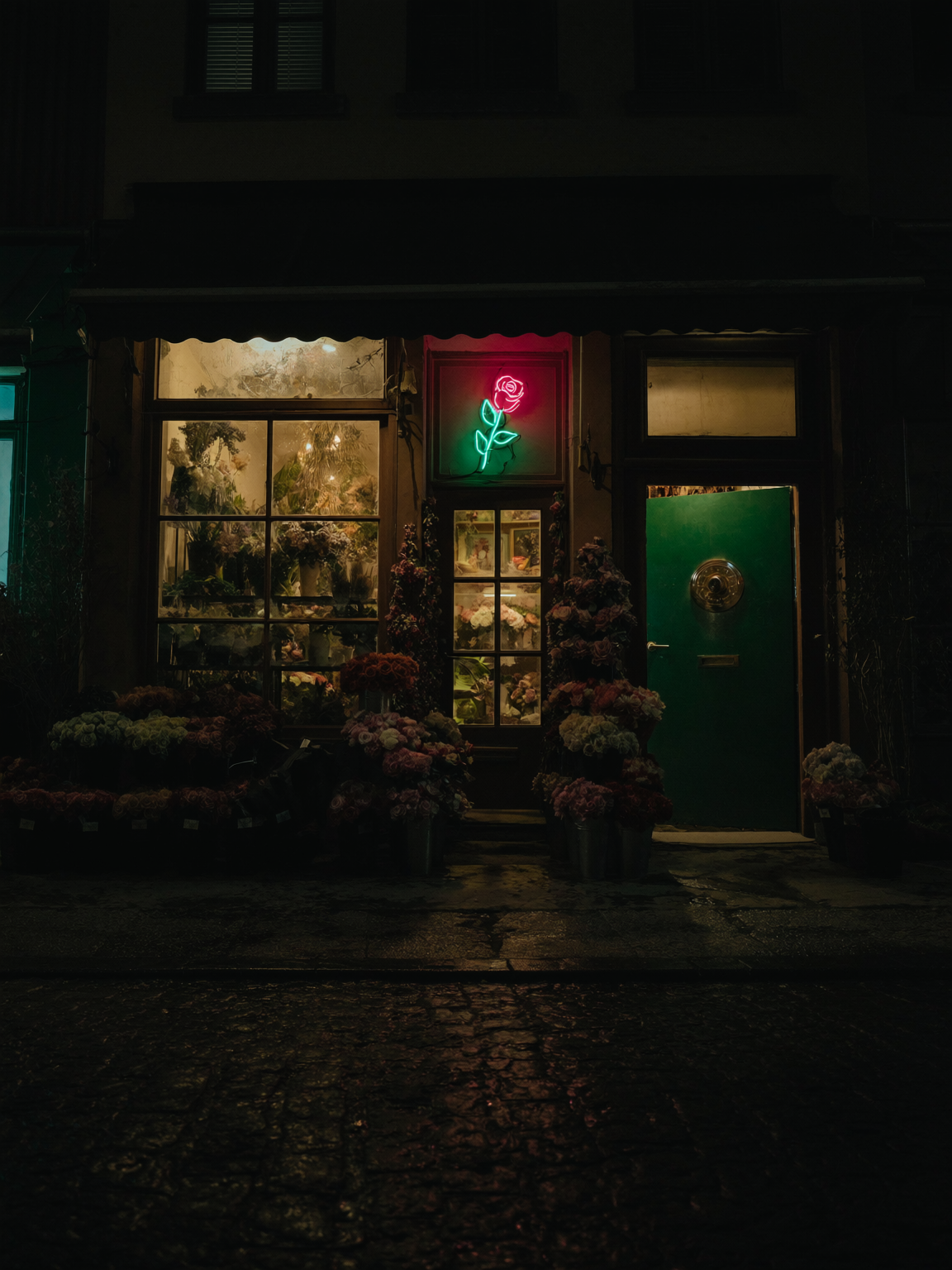 A flower shop storefront at night, buckets of roses on the pavement and a neon rose sign glowing above the door