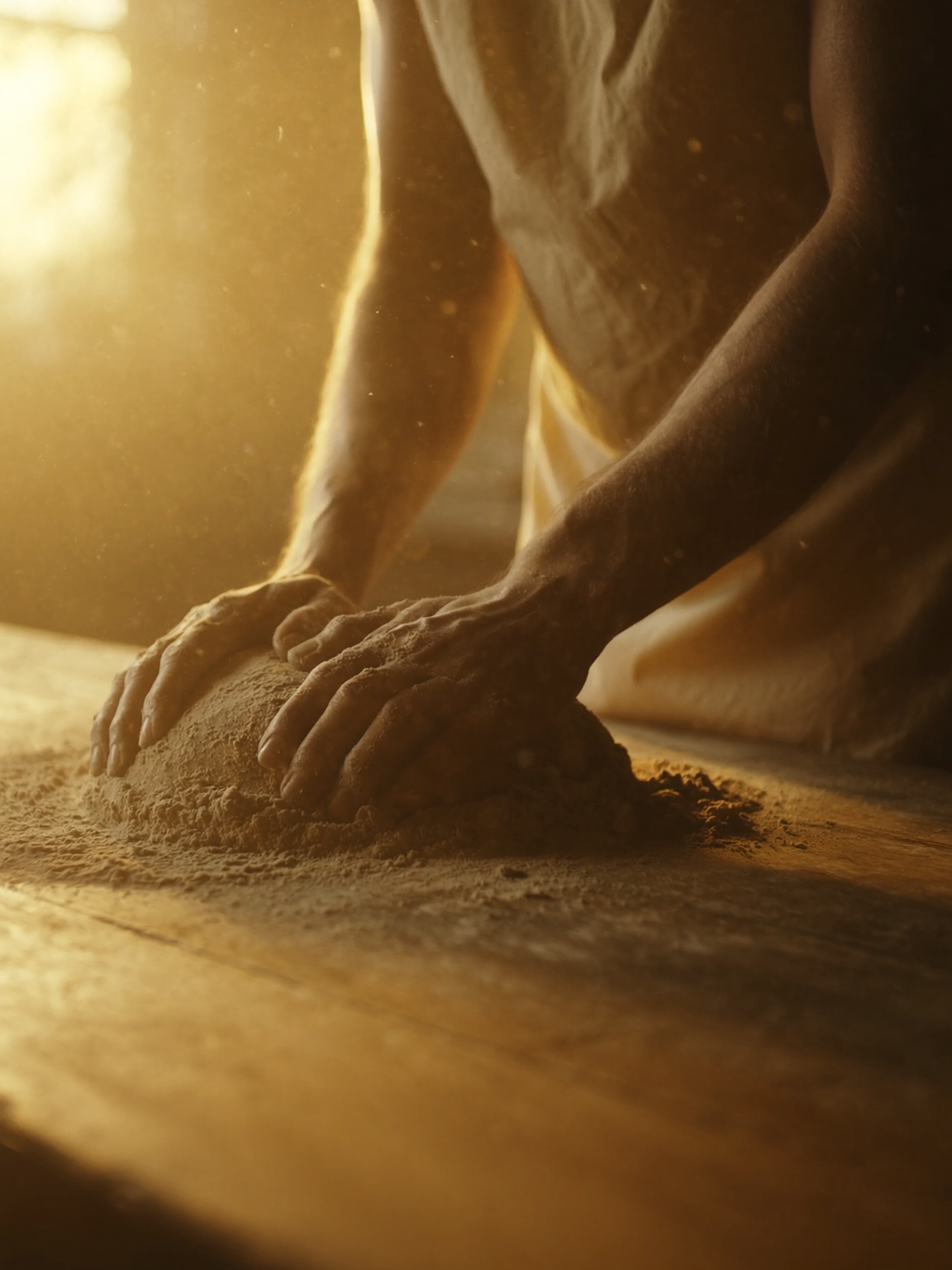 Flour-dusted hands kneading dough on a wooden table in golden morning light