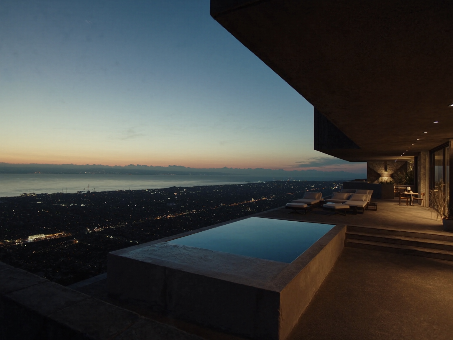 Terrace with pool at dusk