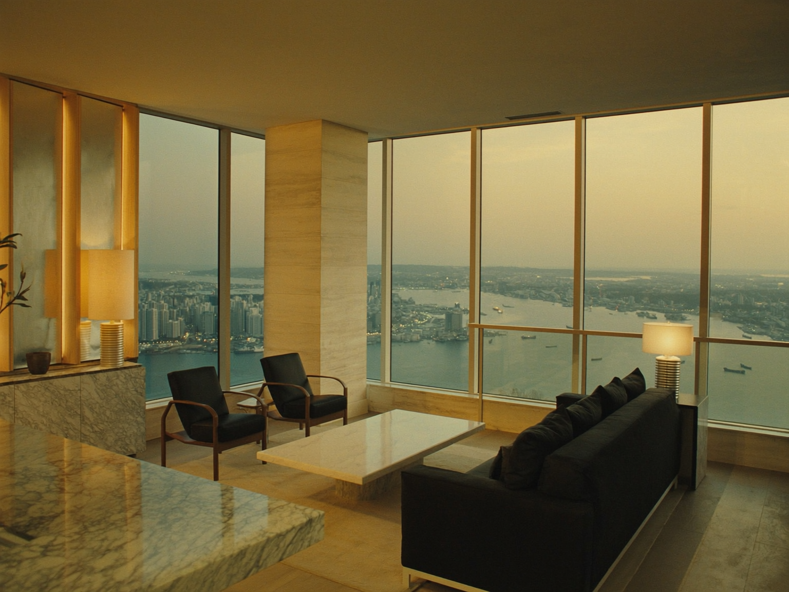 Living room with floor-to-ceiling glass and harbour view