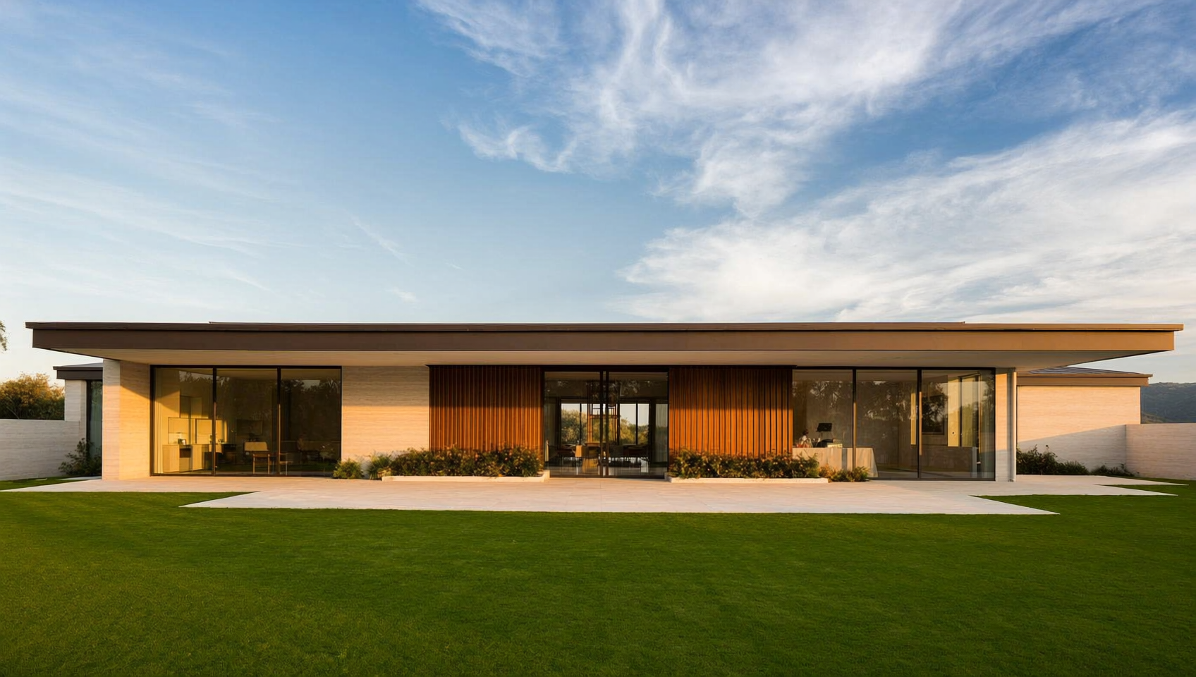 A modern single-storey villa at golden hour, glass walls, wood and stone, on a lawn